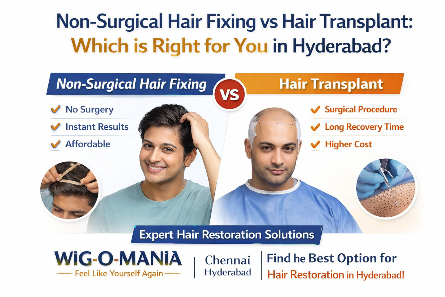 Non-Surgical Hair Fixing vs Hair Transplant in Hyderabad | Which is Better? | Wig-O-Mania